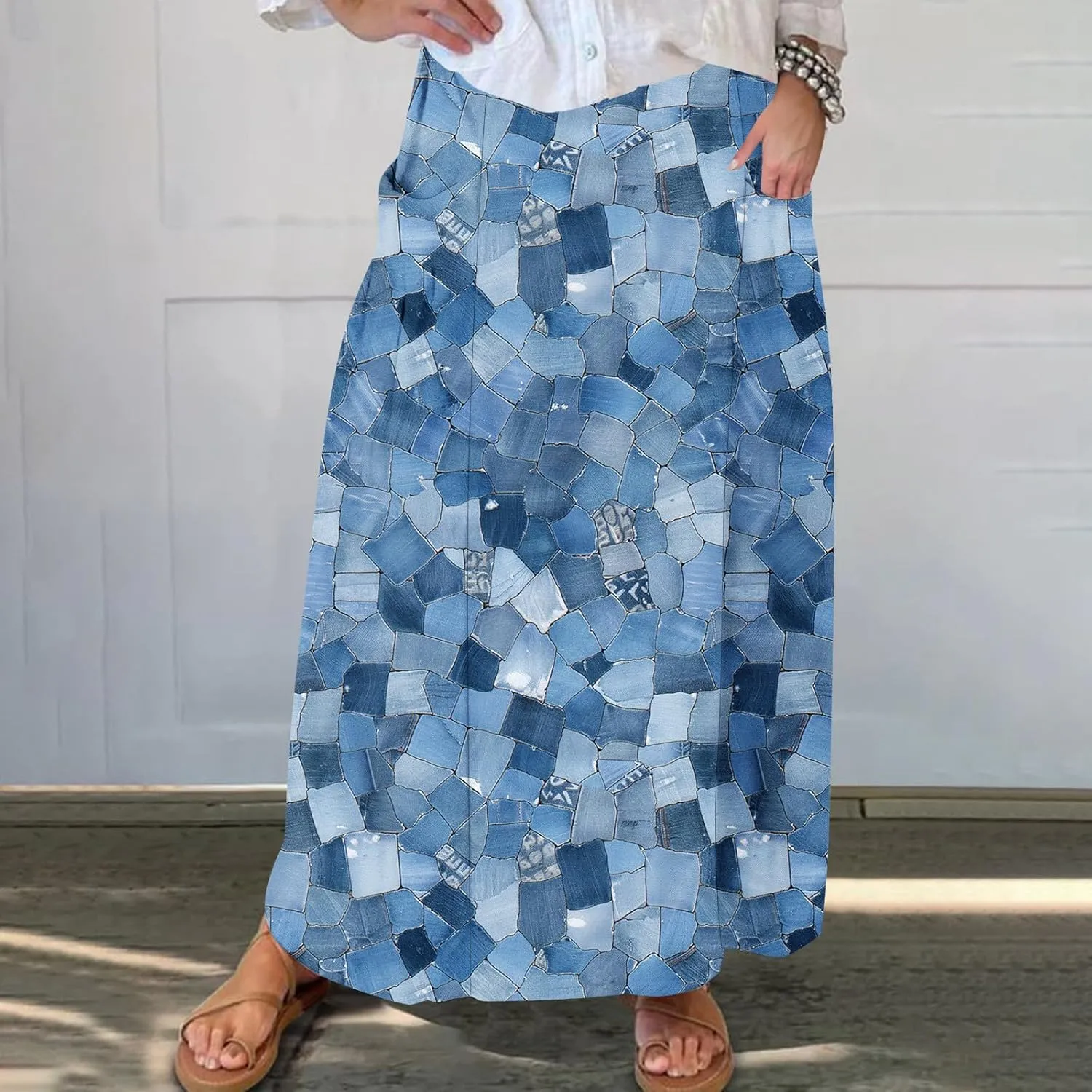 Fashion Skirts for Women Boho Graphic Trendy Beach Skirt Stretchy Pleated Plus Size Loose Western Skirt with Pocket