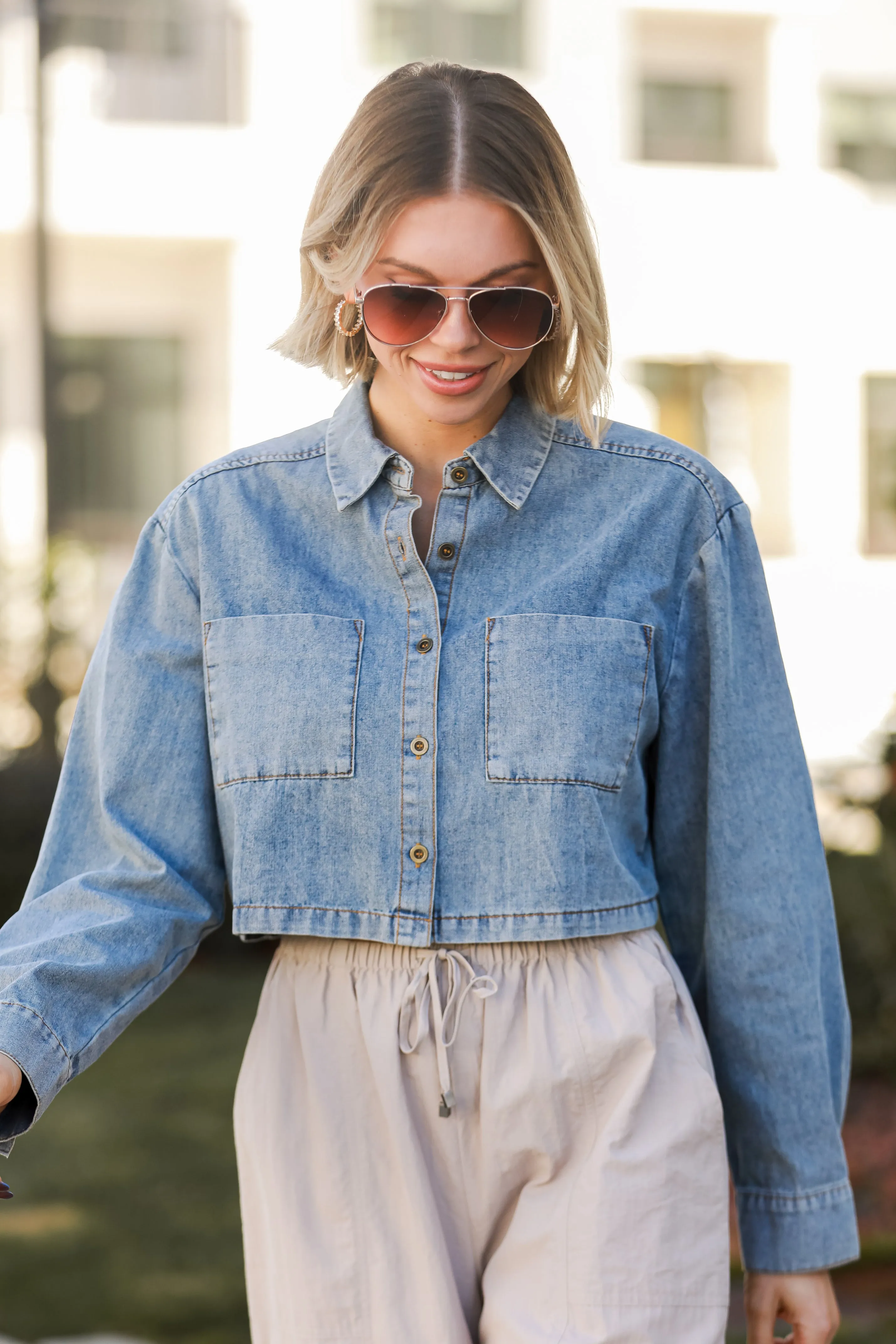 FINAL SALE - Casually Impressive Grey Denim Cropped Blouse