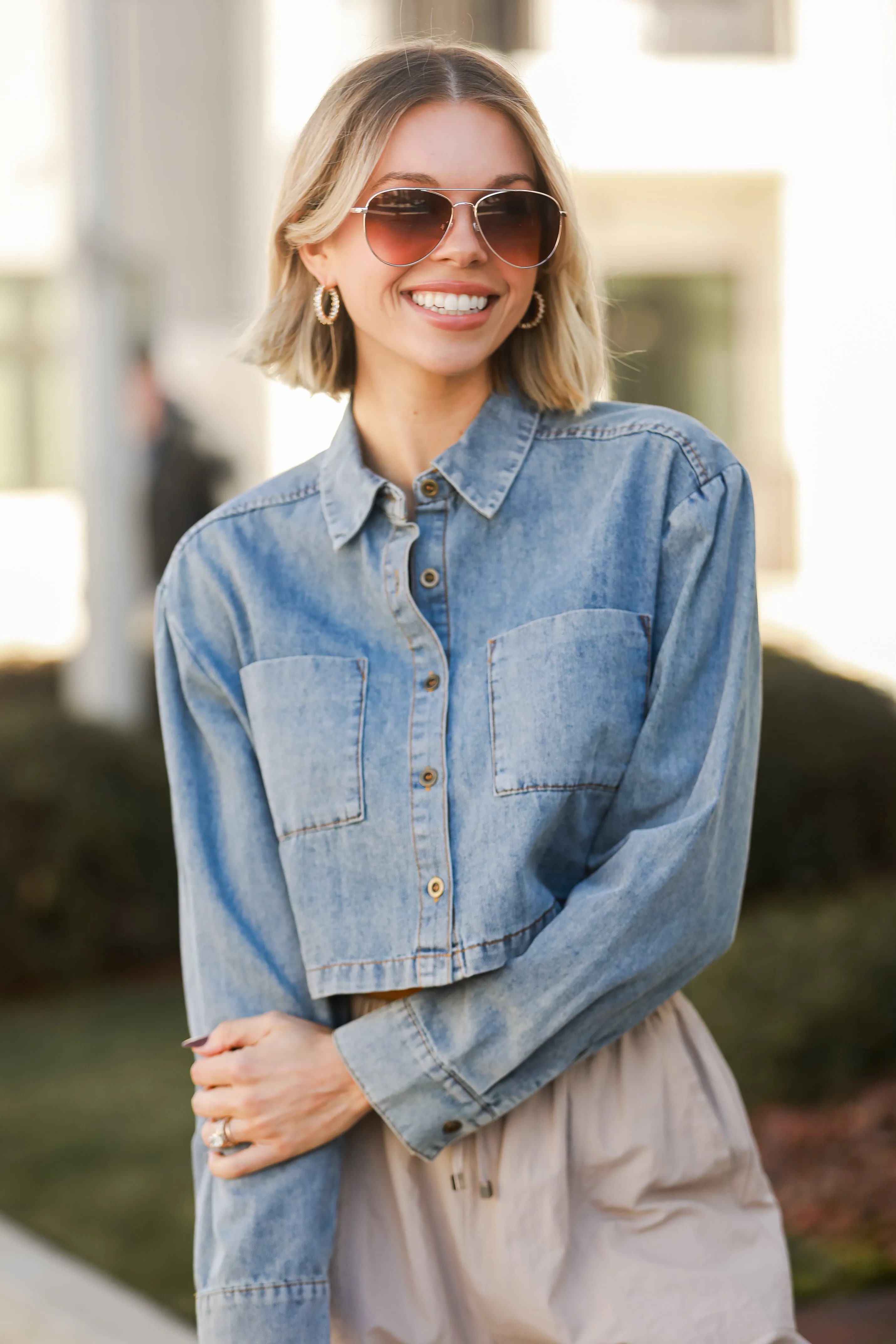 FINAL SALE - Casually Impressive Grey Denim Cropped Blouse