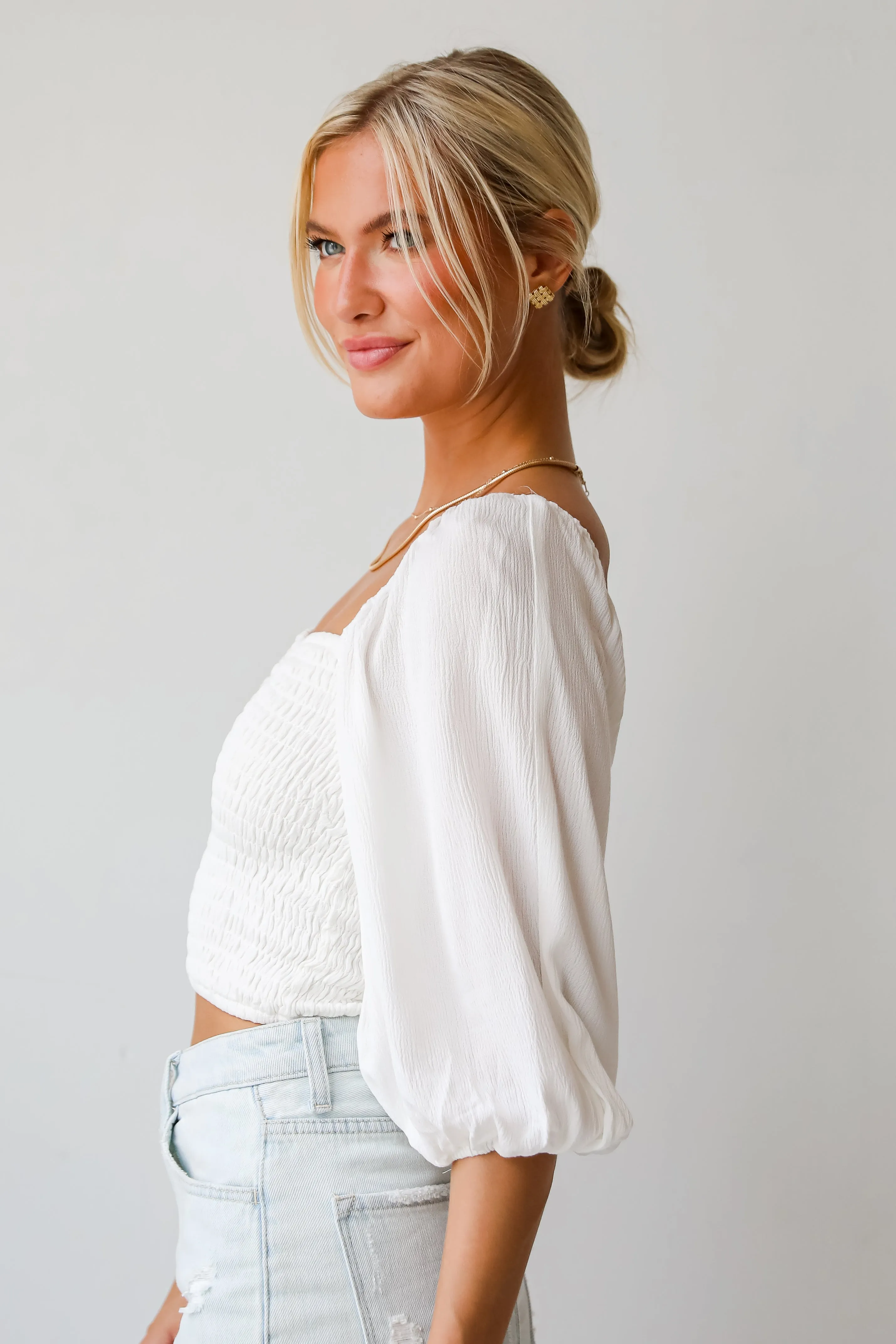 FINAL SALE - Juliette White Smocked Cropped Blouse - DU DEAL
