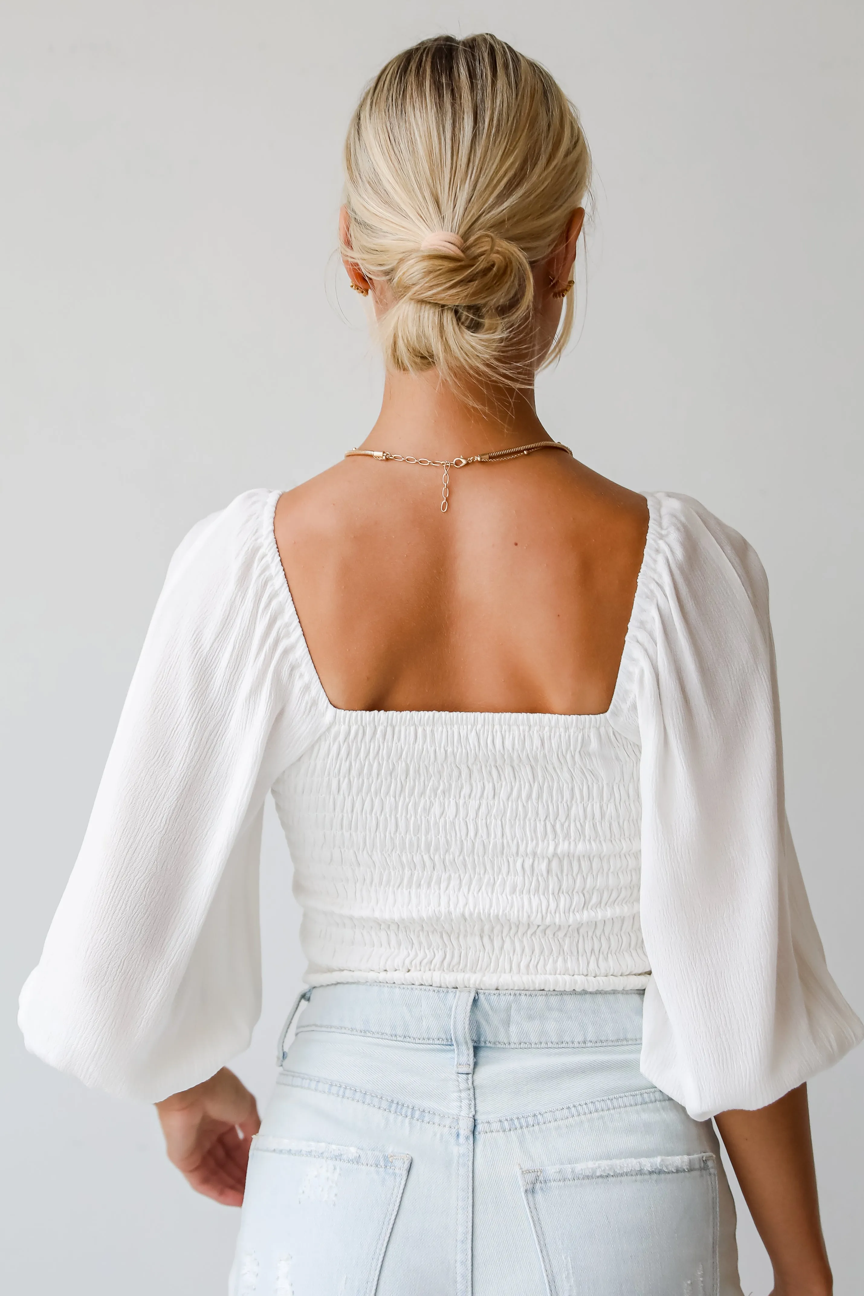 FINAL SALE - Juliette White Smocked Cropped Blouse - DU DEAL