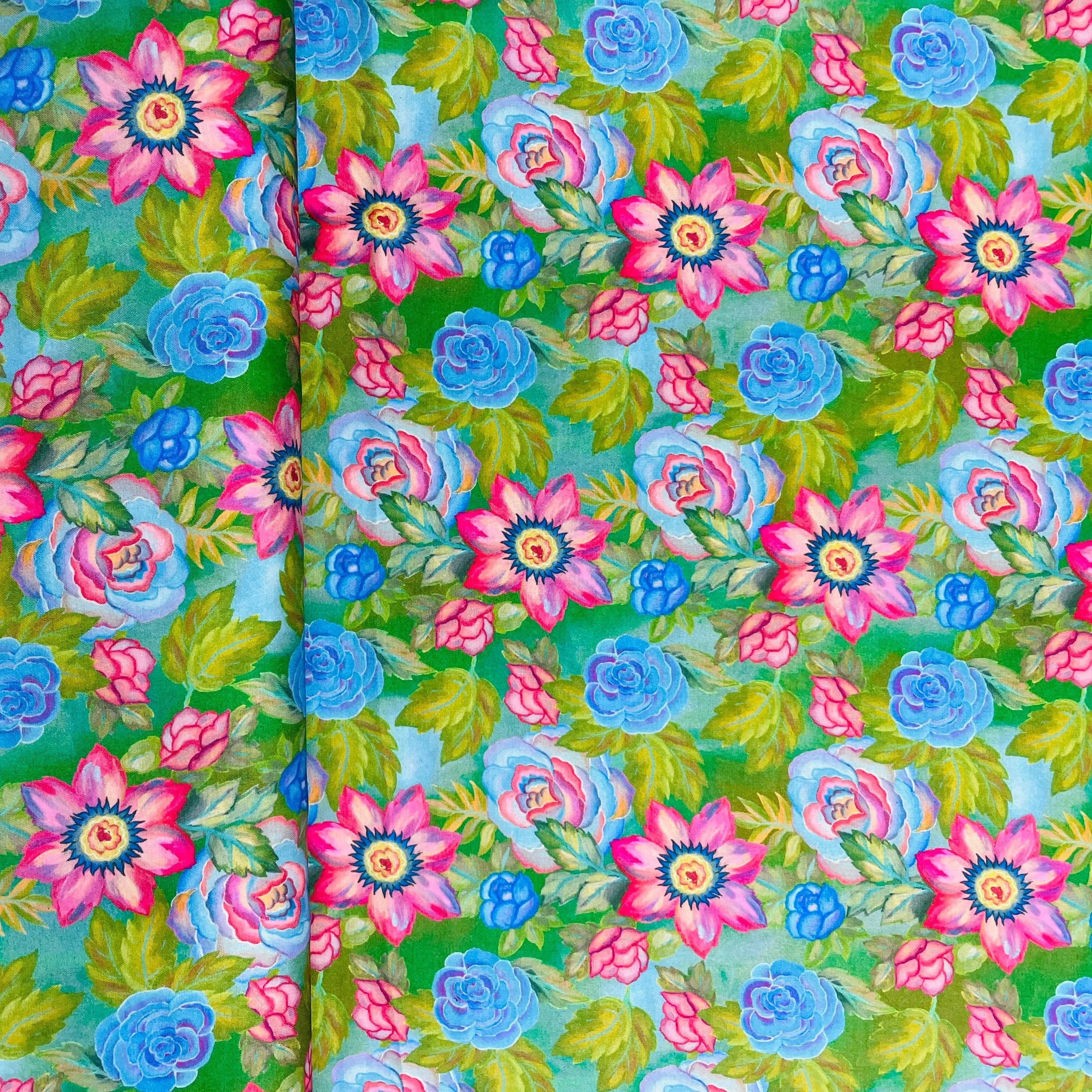 Green With Pink & Blue Floral Print Modal Satin Fabric