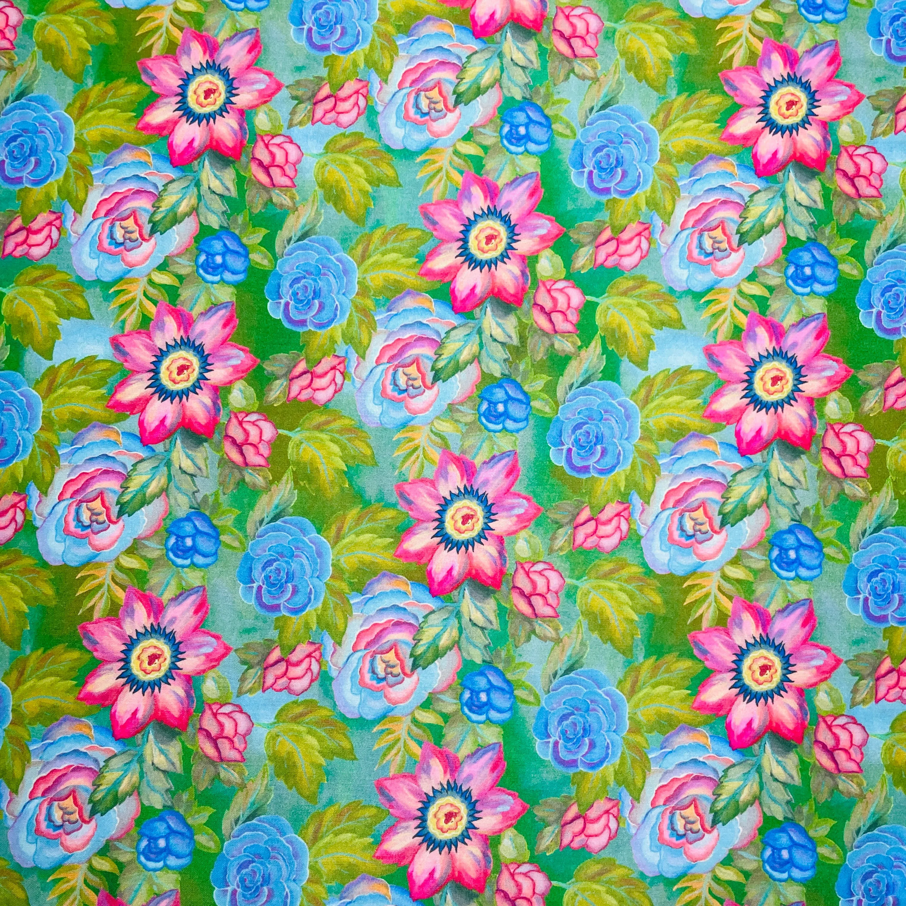 Green With Pink & Blue Floral Print Modal Satin Fabric