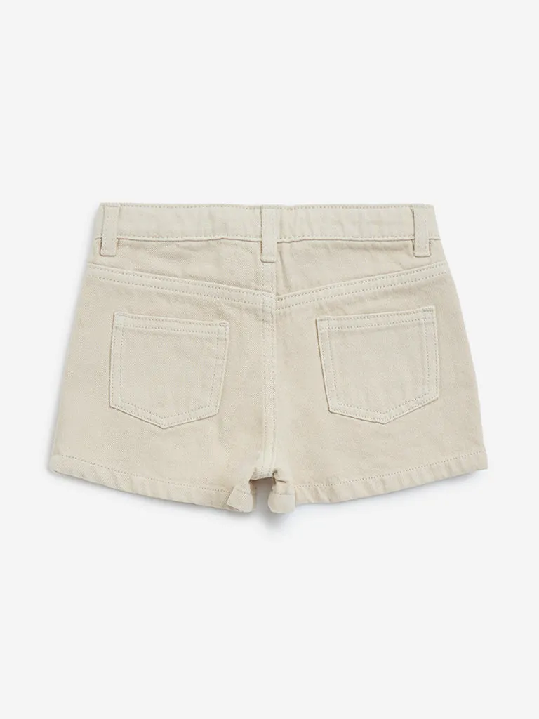 HOP Kids Beige High-Rise Denim Shorts