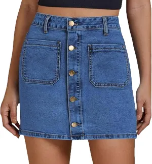 Jean Skirts for Women Denim High Waisted Trendy Stretchy Button Front Short Pencil Skirt with Patch