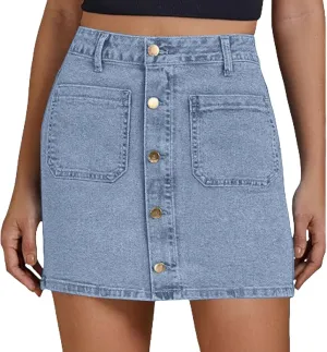 Jean Skirts for Women Denim High Waisted Trendy Stretchy Button Front Short Pencil Skirt with Patch