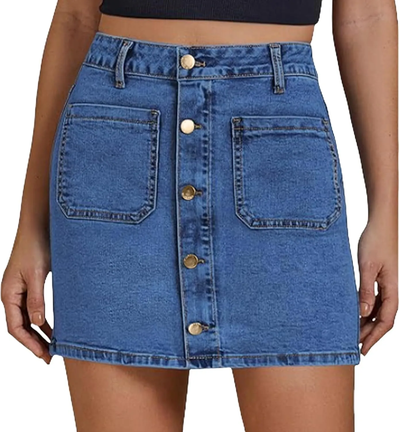 Jean Skirts for Women Denim High Waisted Trendy Stretchy Button Front Short Pencil Skirt with Patch