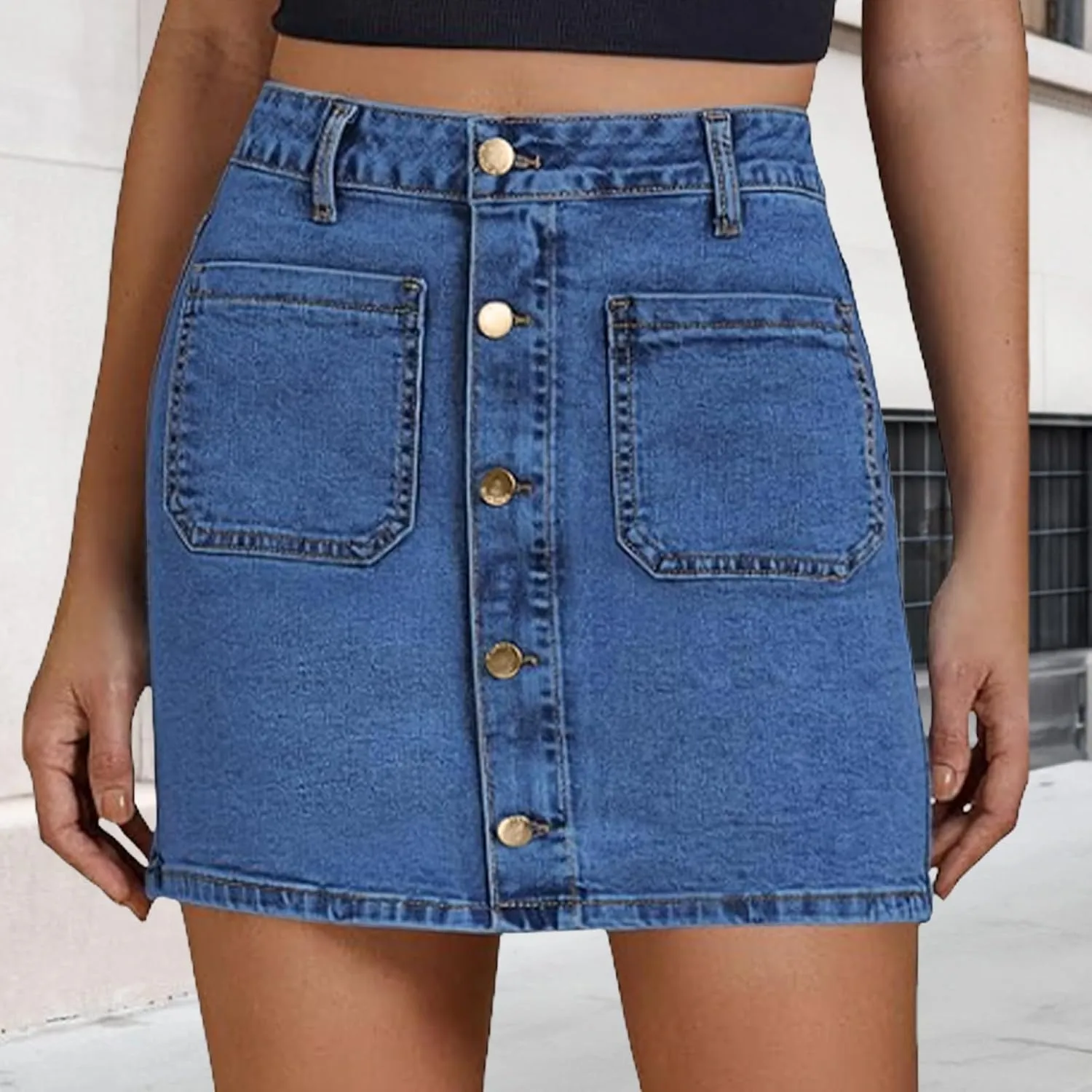 Jean Skirts for Women Denim High Waisted Trendy Stretchy Button Front Short Pencil Skirt with Patch