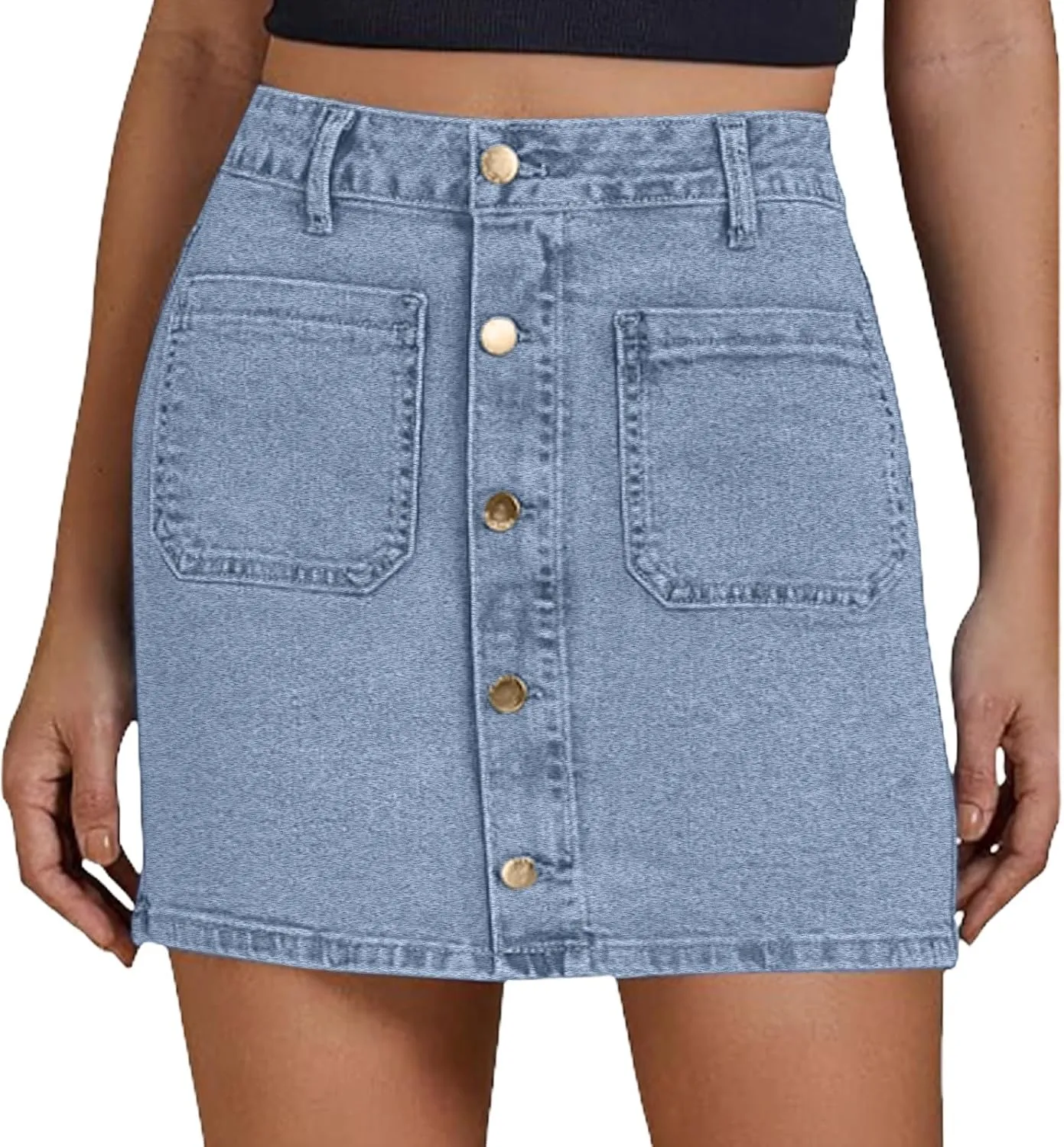 Jean Skirts for Women Denim High Waisted Trendy Stretchy Button Front Short Pencil Skirt with Patch