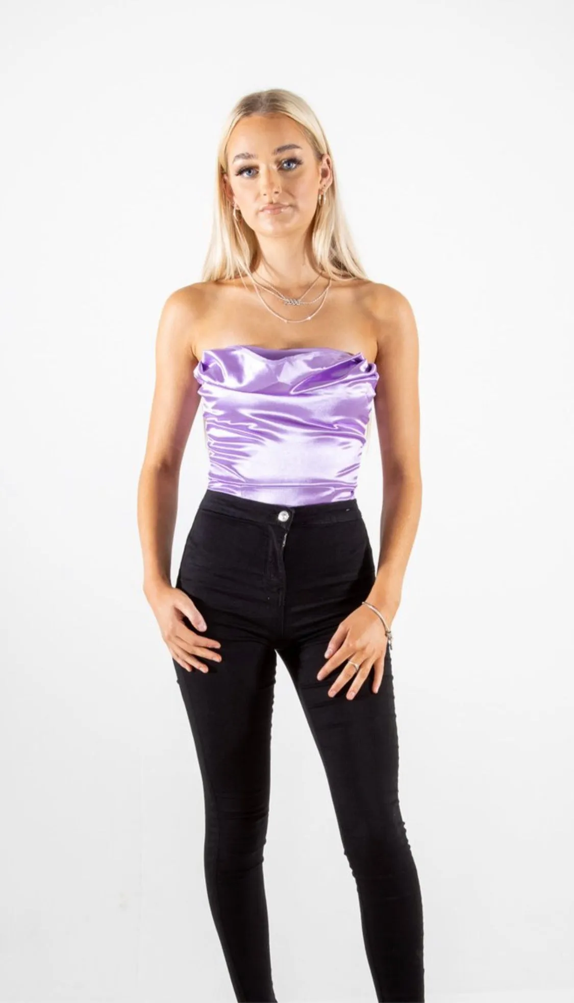 Lilac Satin Cowl Neck Bodysuit