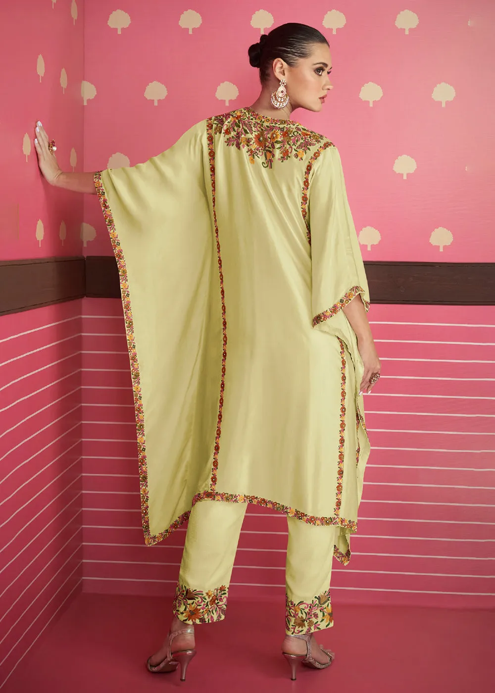 Lime Yellow Silk Satin Kaftan Style Chinon Pant Style Suit