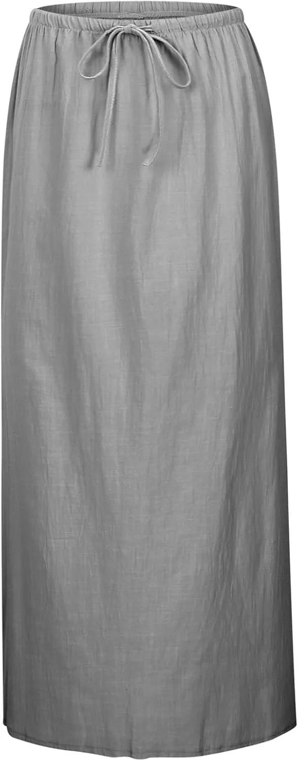 Linen Maxi Skirts for Women Trendy Summer Comfy Drawstring Waist A Line Skirts Cute Vacation Boho Long Flowy Skirts