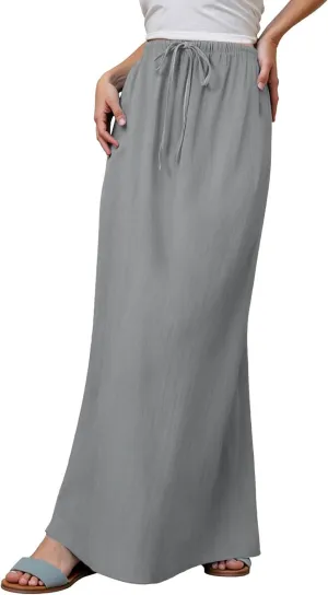 Linen Maxi Skirts for Women Trendy Summer Comfy Drawstring Waist A Line Skirts Cute Vacation Boho Long Flowy Skirts