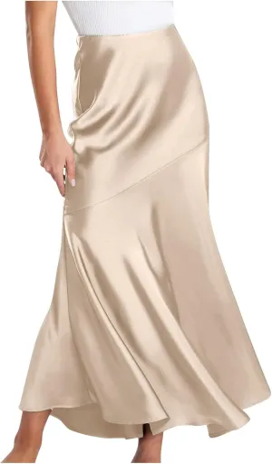 Long Satin Skirt for Women Elegant Silk High Wasit Fall Skirts Cocktail Party Wedding Mermaid Maxi Skirts