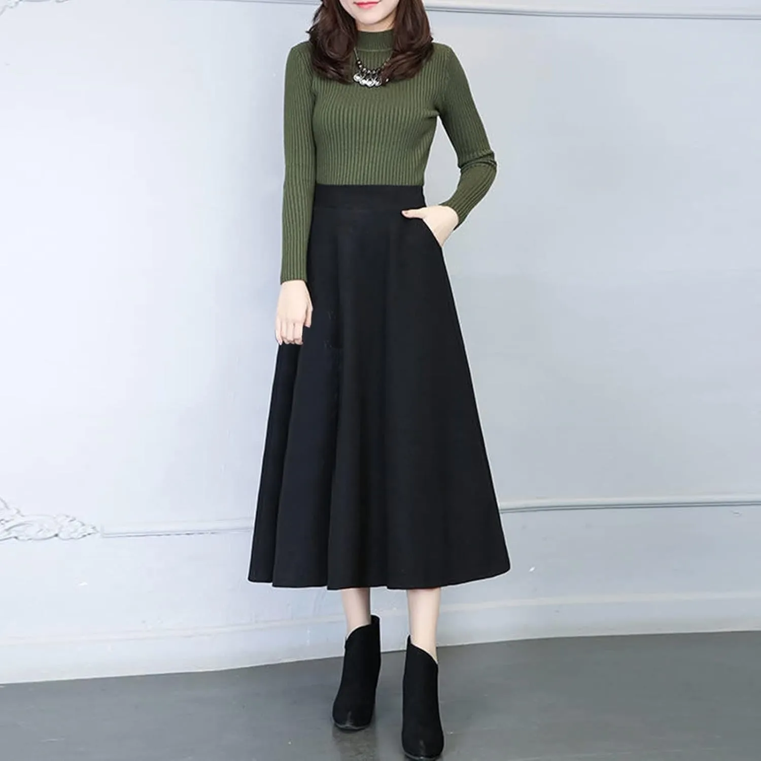 Long Skirts for Women Trendy A-Line High Elastic Waist Solid Loose Tummy Control Pleated Skirts with Pockets