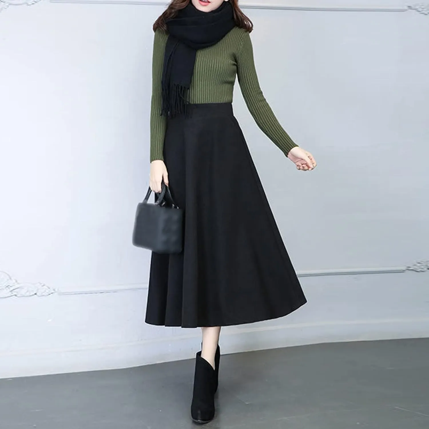 Long Skirts for Women Trendy A-Line High Elastic Waist Solid Loose Tummy Control Pleated Skirts with Pockets