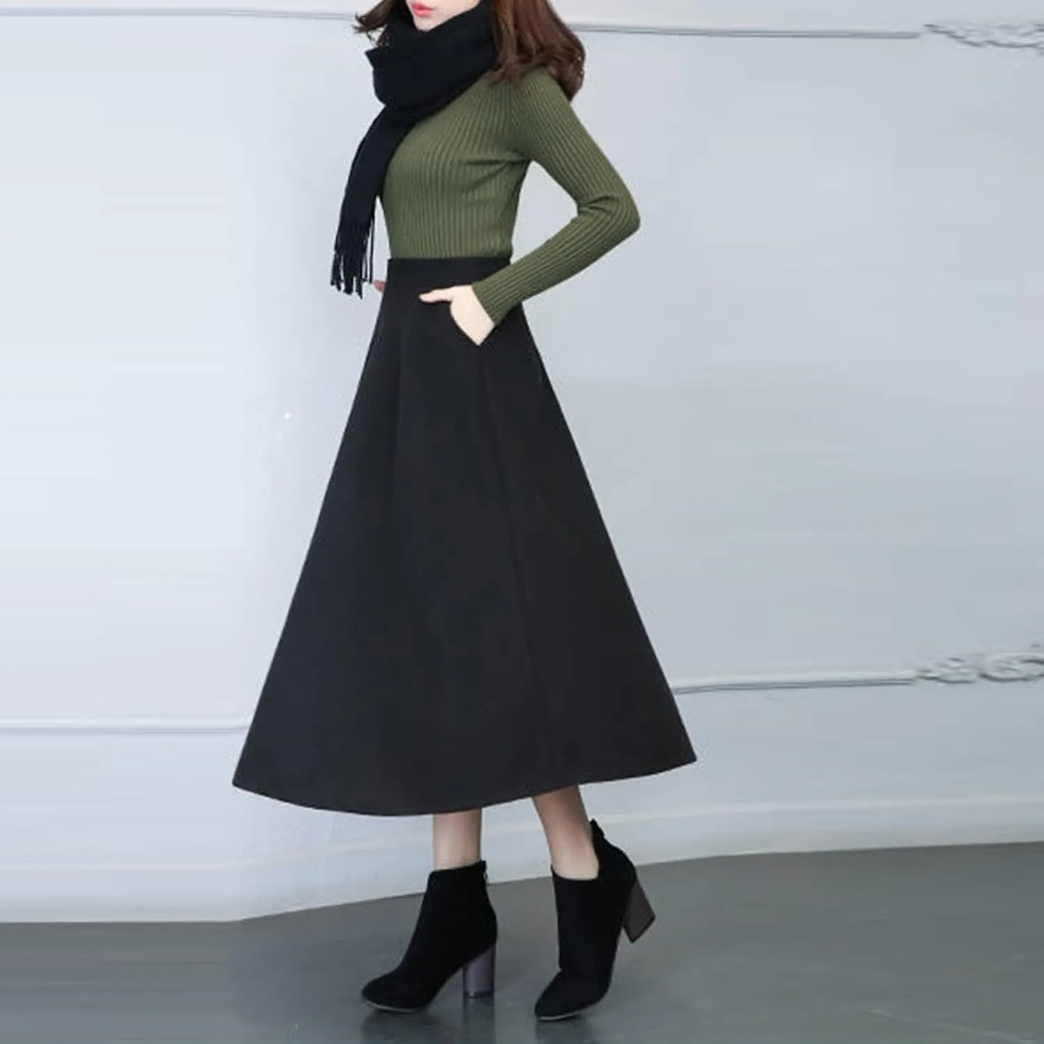 Long Skirts for Women Trendy A-Line High Elastic Waist Solid Loose Tummy Control Pleated Skirts with Pockets