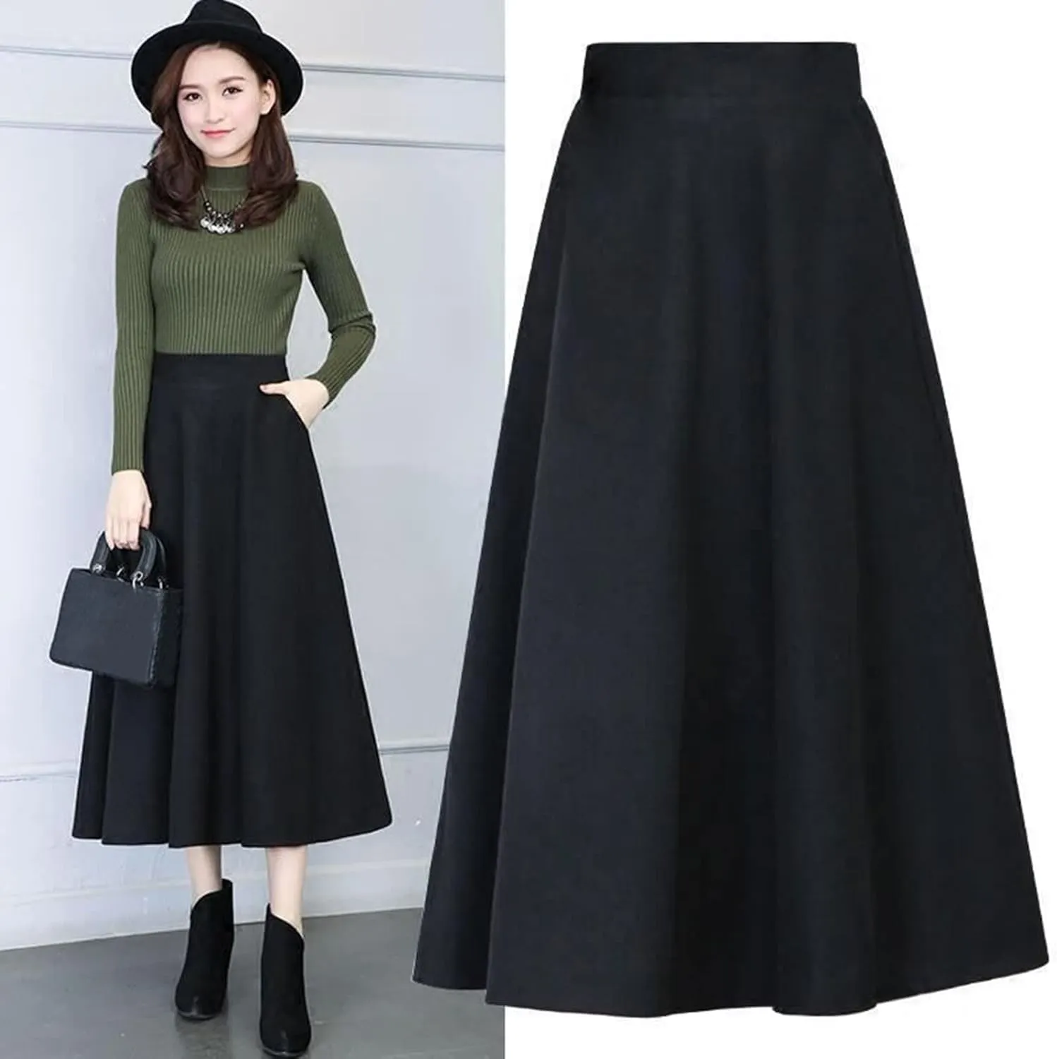 Long Skirts for Women Trendy A-Line High Elastic Waist Solid Loose Tummy Control Pleated Skirts with Pockets