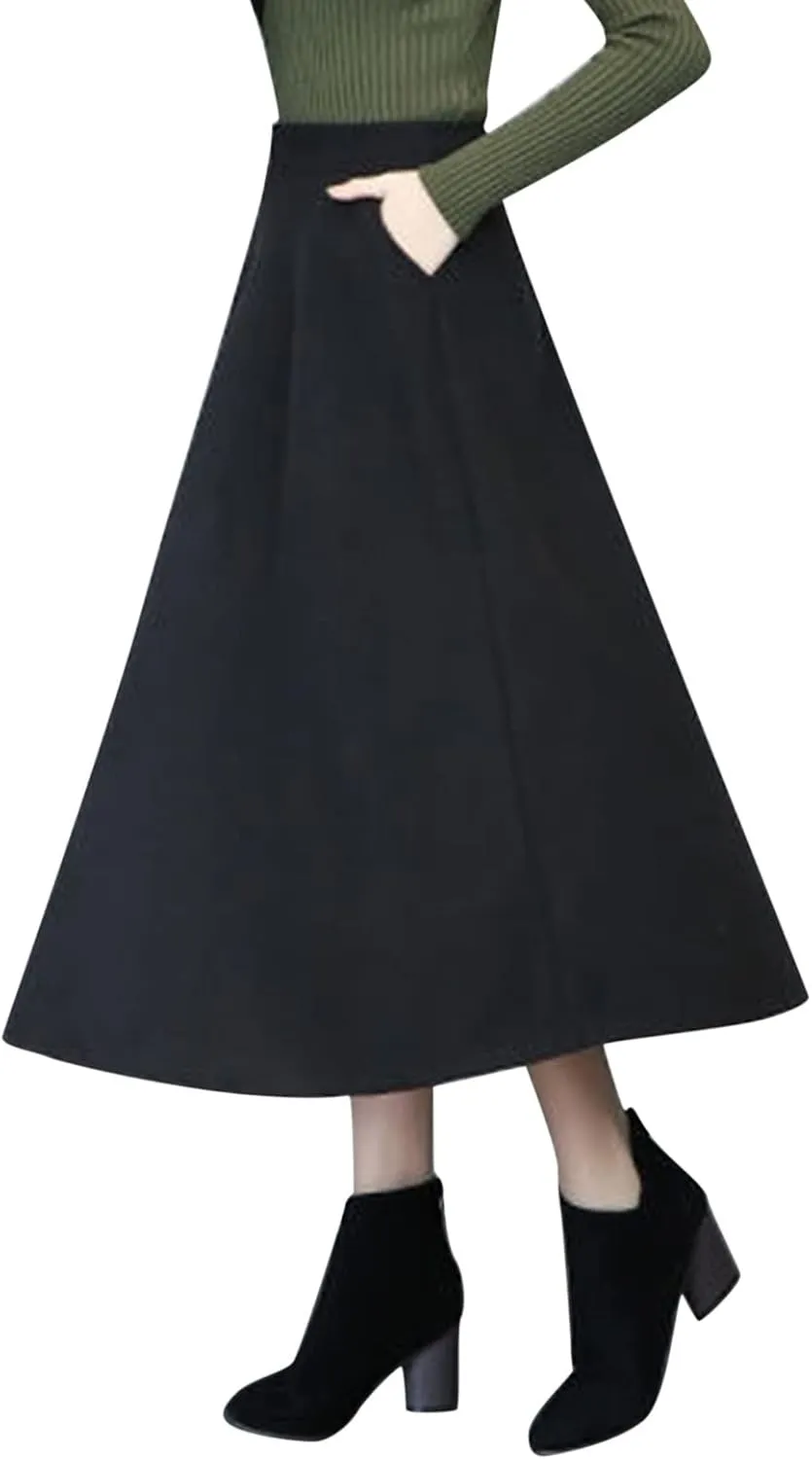 Long Skirts for Women Trendy A-Line High Elastic Waist Solid Loose Tummy Control Pleated Skirts with Pockets