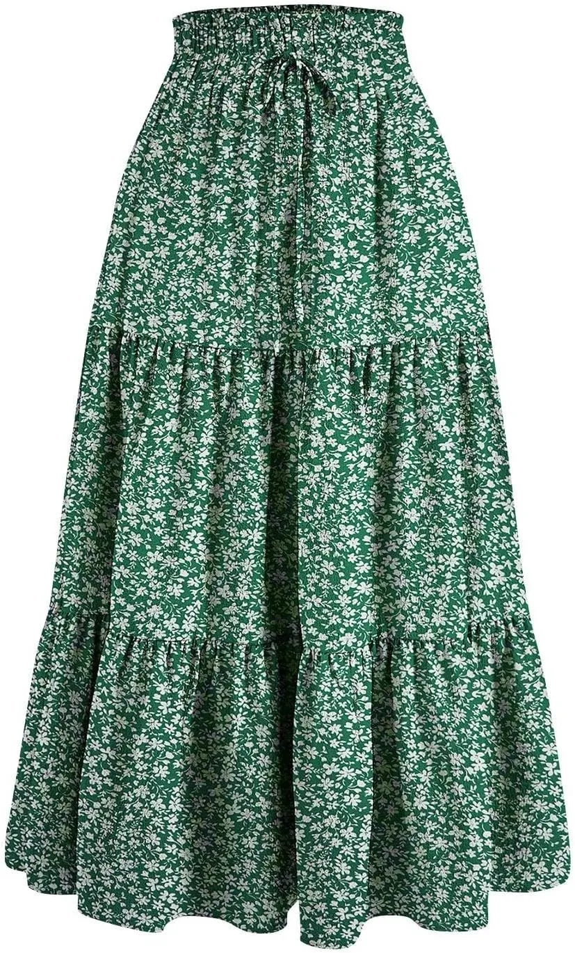 Long Skirts for Women Trendy Ruffle Floral Print Tiered Flowy Boho Skirts Comfy Drawstring Wrap Skirts
