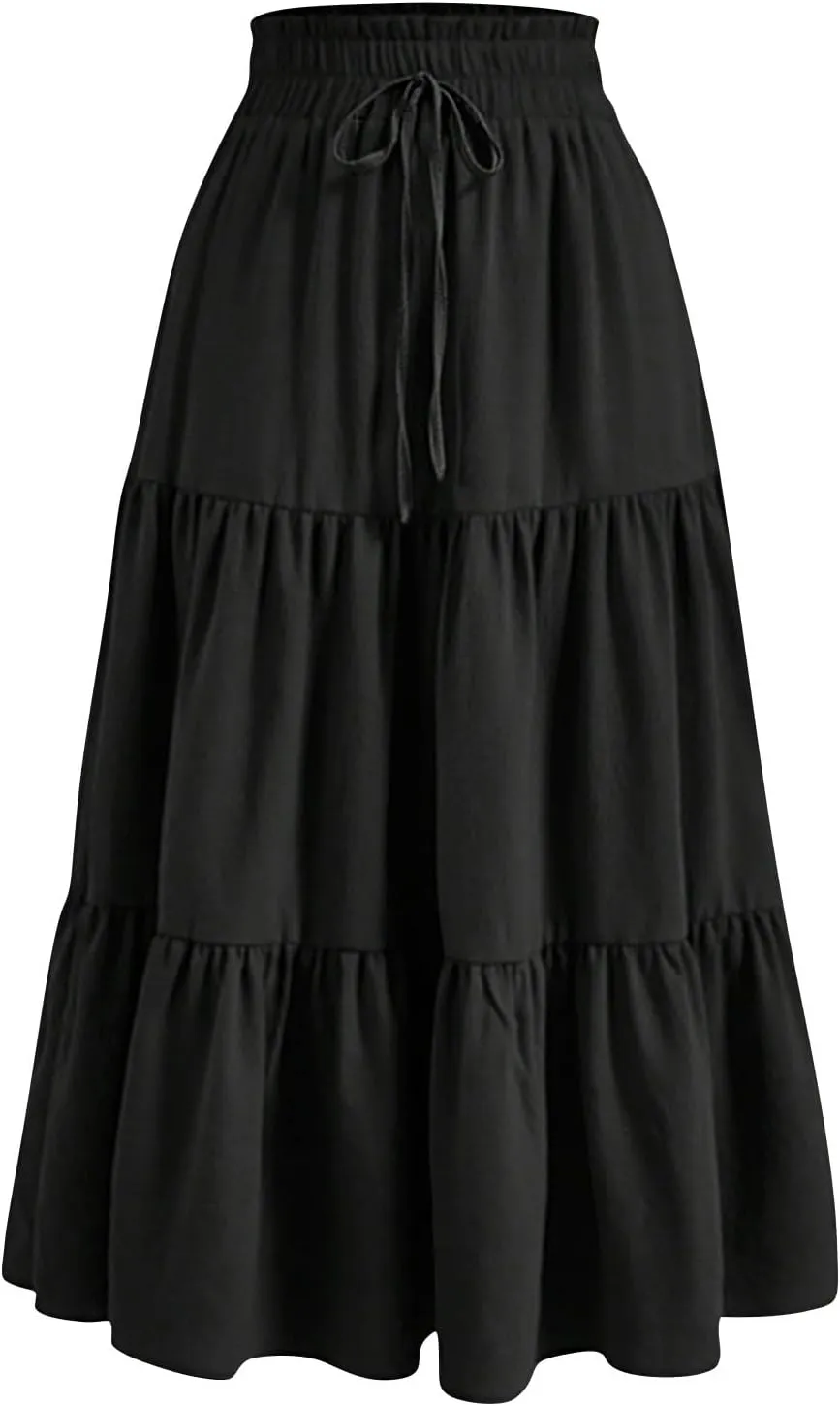Long Skirts for Women Trendy Ruffle Floral Print Tiered Flowy Boho Skirts Comfy Drawstring Wrap Skirts