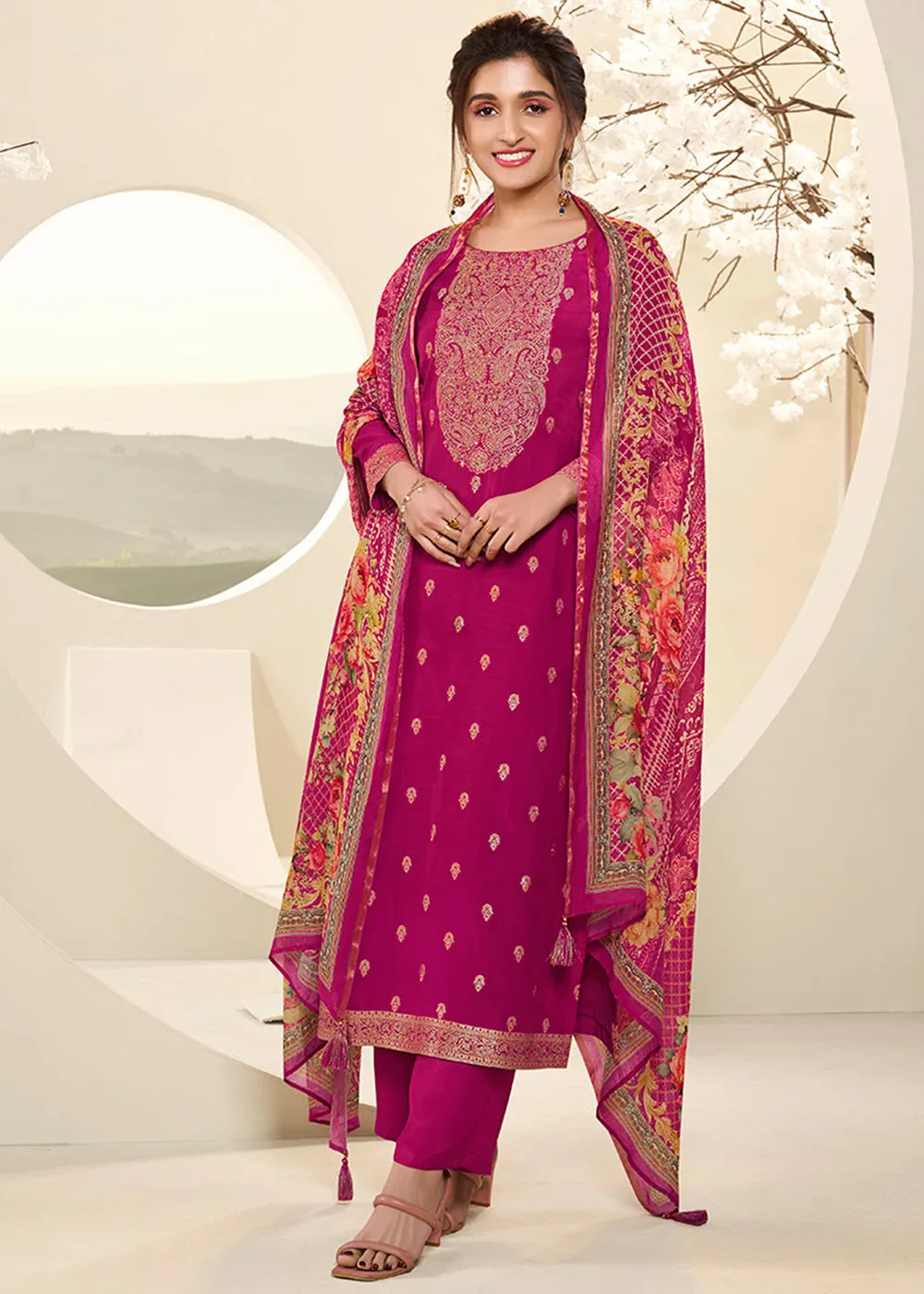 Magenta Purple Muslin Jacquard Suit Featuring Designer Yoke & Thread Weaving work