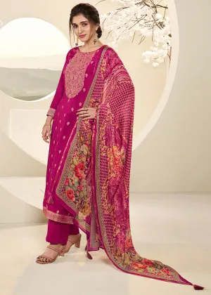 Magenta Purple Muslin Jacquard Suit Featuring Designer Yoke & Thread Weaving work