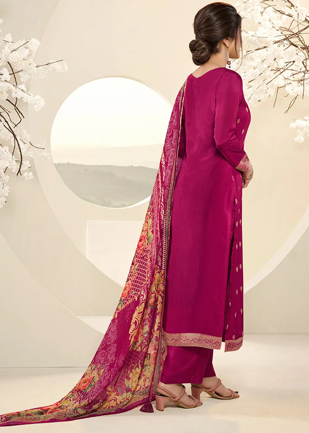 Magenta Purple Muslin Jacquard Suit Featuring Designer Yoke & Thread Weaving work