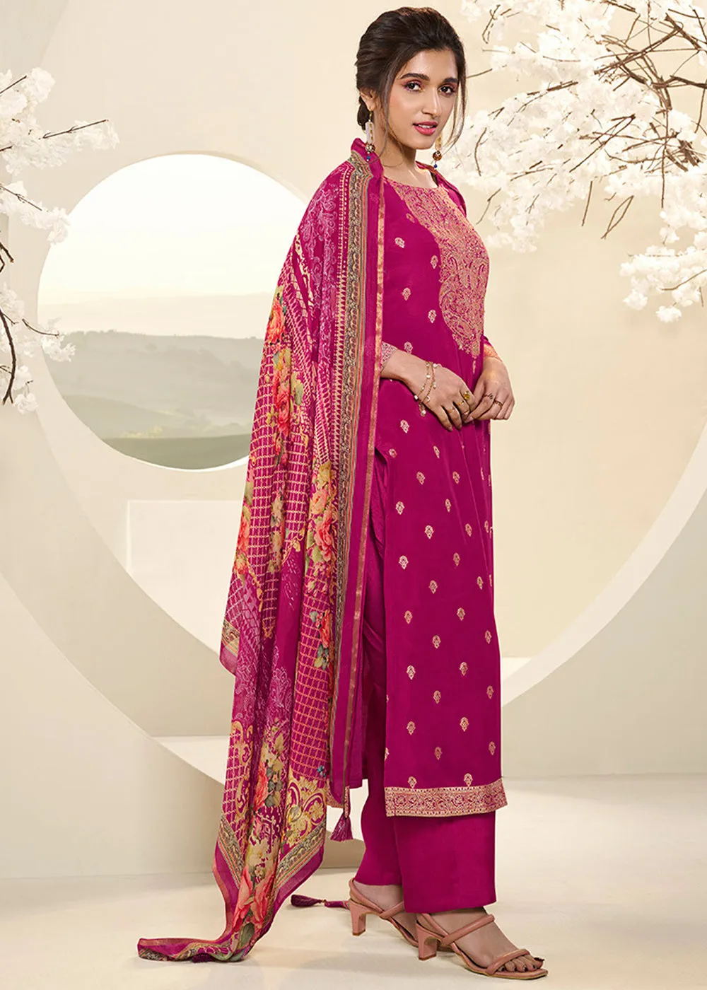 Magenta Purple Muslin Jacquard Suit Featuring Designer Yoke & Thread Weaving work