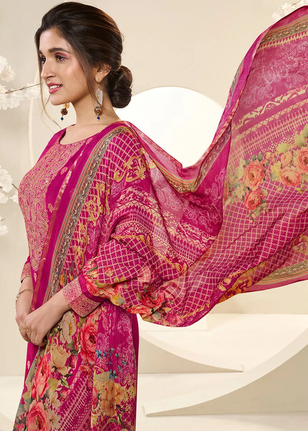 Magenta Purple Muslin Jacquard Suit Featuring Designer Yoke & Thread Weaving work