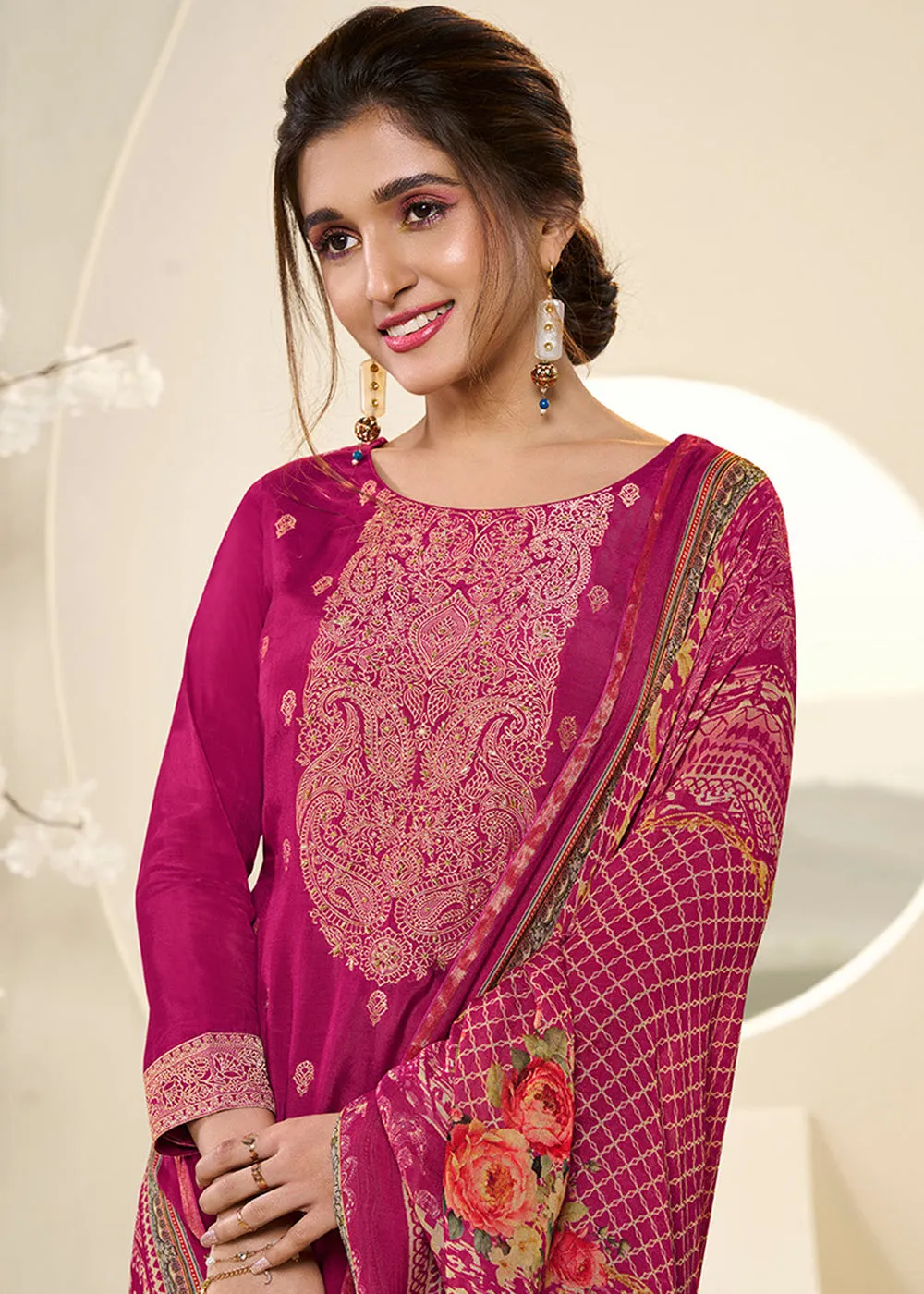 Magenta Purple Muslin Jacquard Suit Featuring Designer Yoke & Thread Weaving work