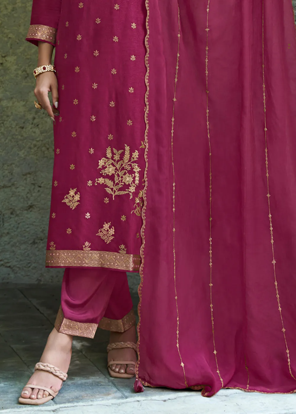 Magenta Purple Suit in Dola Silk Featuring Jacquard Pattern Weaving