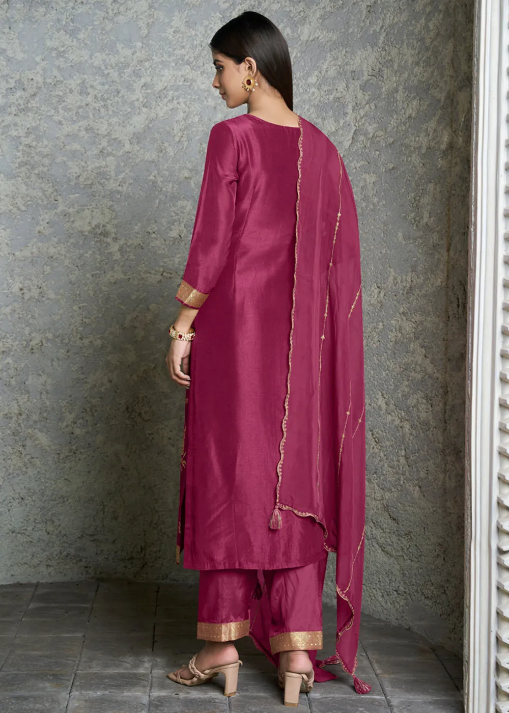 Magenta Purple Suit in Dola Silk Featuring Jacquard Pattern Weaving