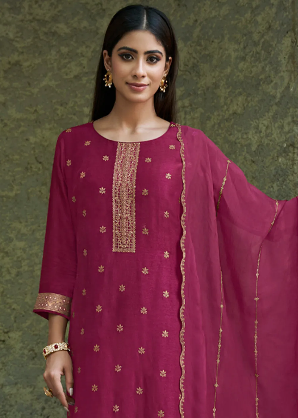 Magenta Purple Suit in Dola Silk Featuring Jacquard Pattern Weaving