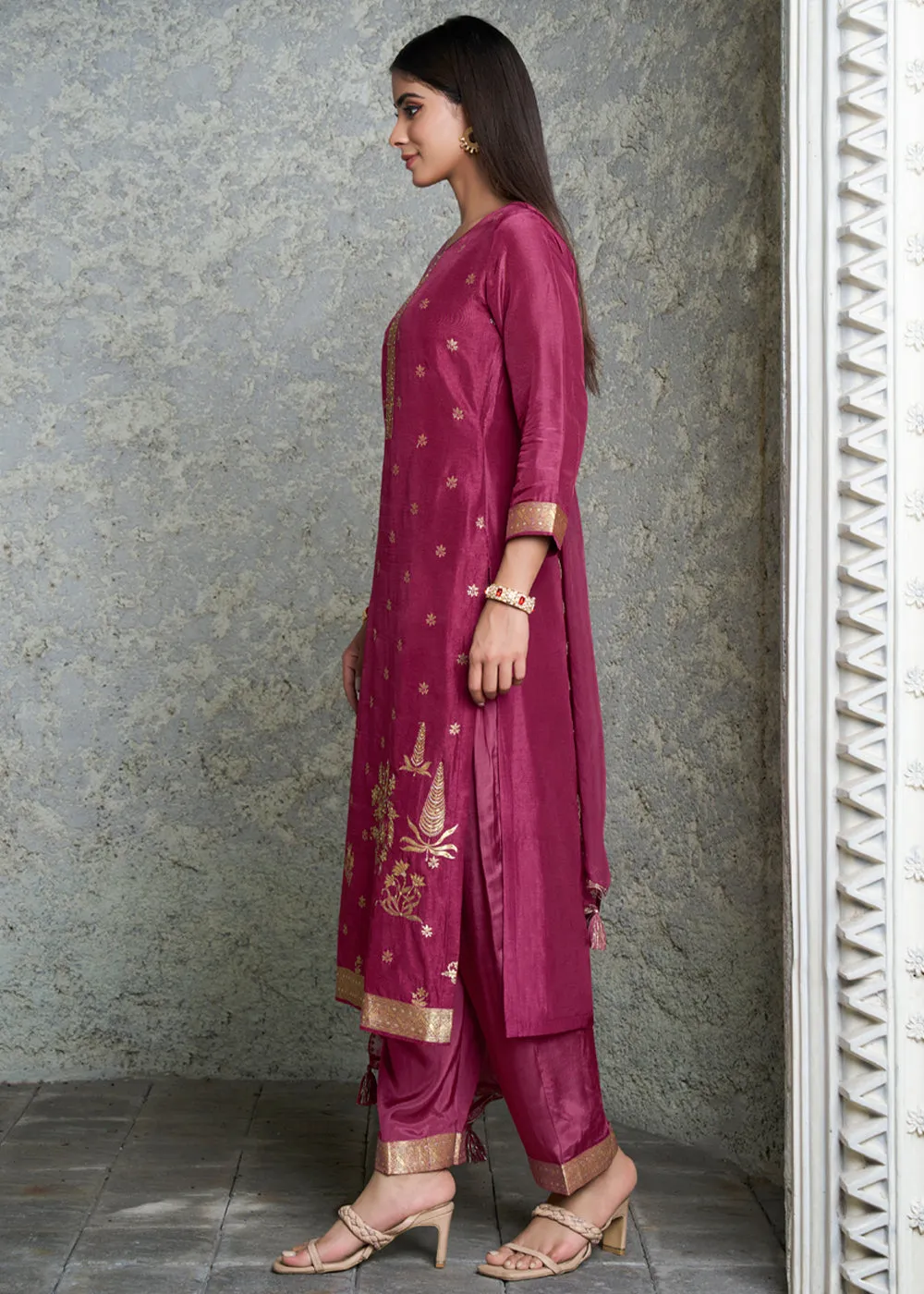 Magenta Purple Suit in Dola Silk Featuring Jacquard Pattern Weaving
