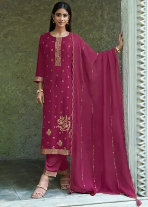 Magenta Purple Suit in Dola Silk Featuring Jacquard Pattern Weaving