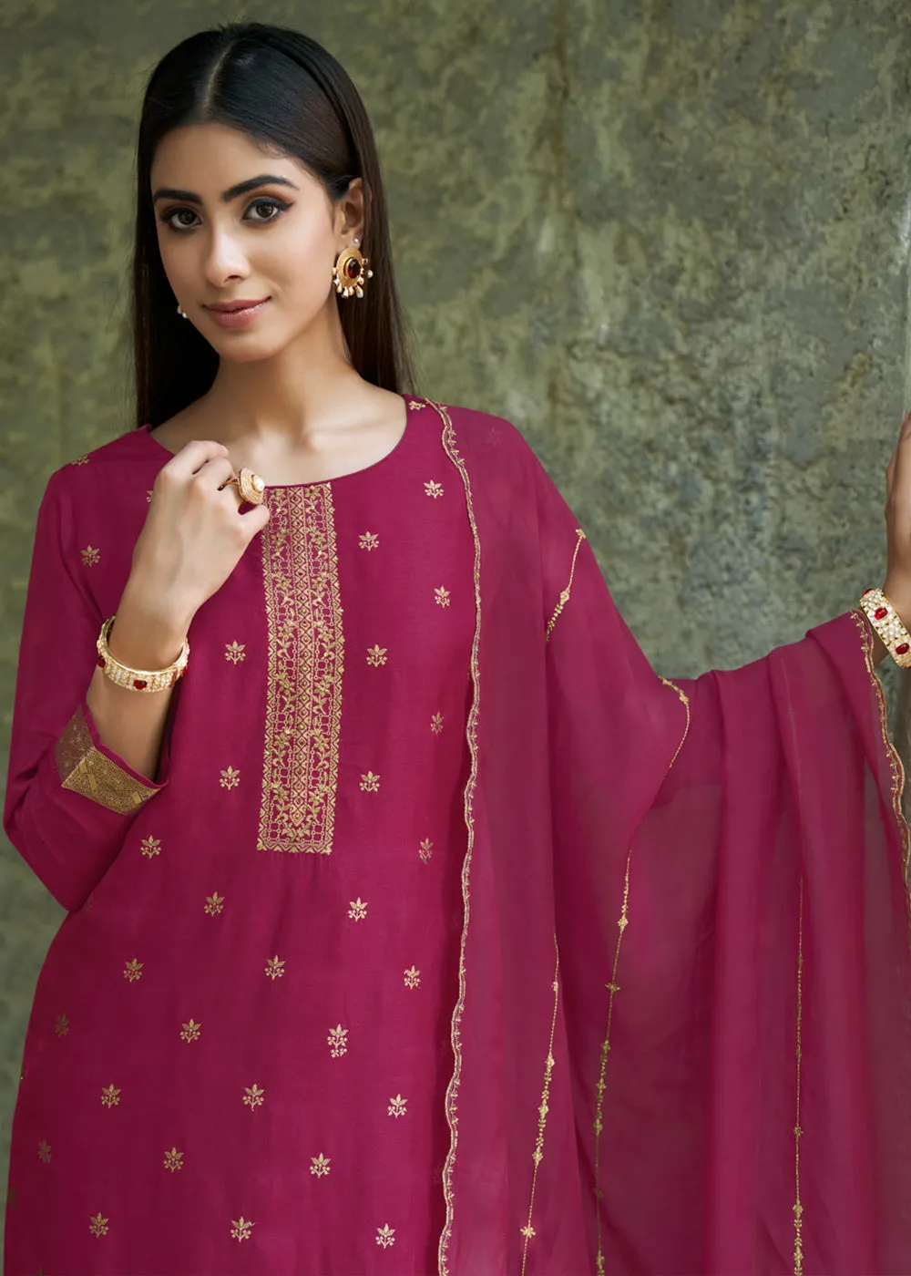 Magenta Purple Suit in Dola Silk Featuring Jacquard Pattern Weaving