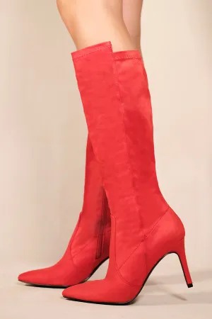 MARTA POINTED TOE CALF HIGH BOOTS WITH SIDE ZIP IN ROUGE RED FAUX SUEDE