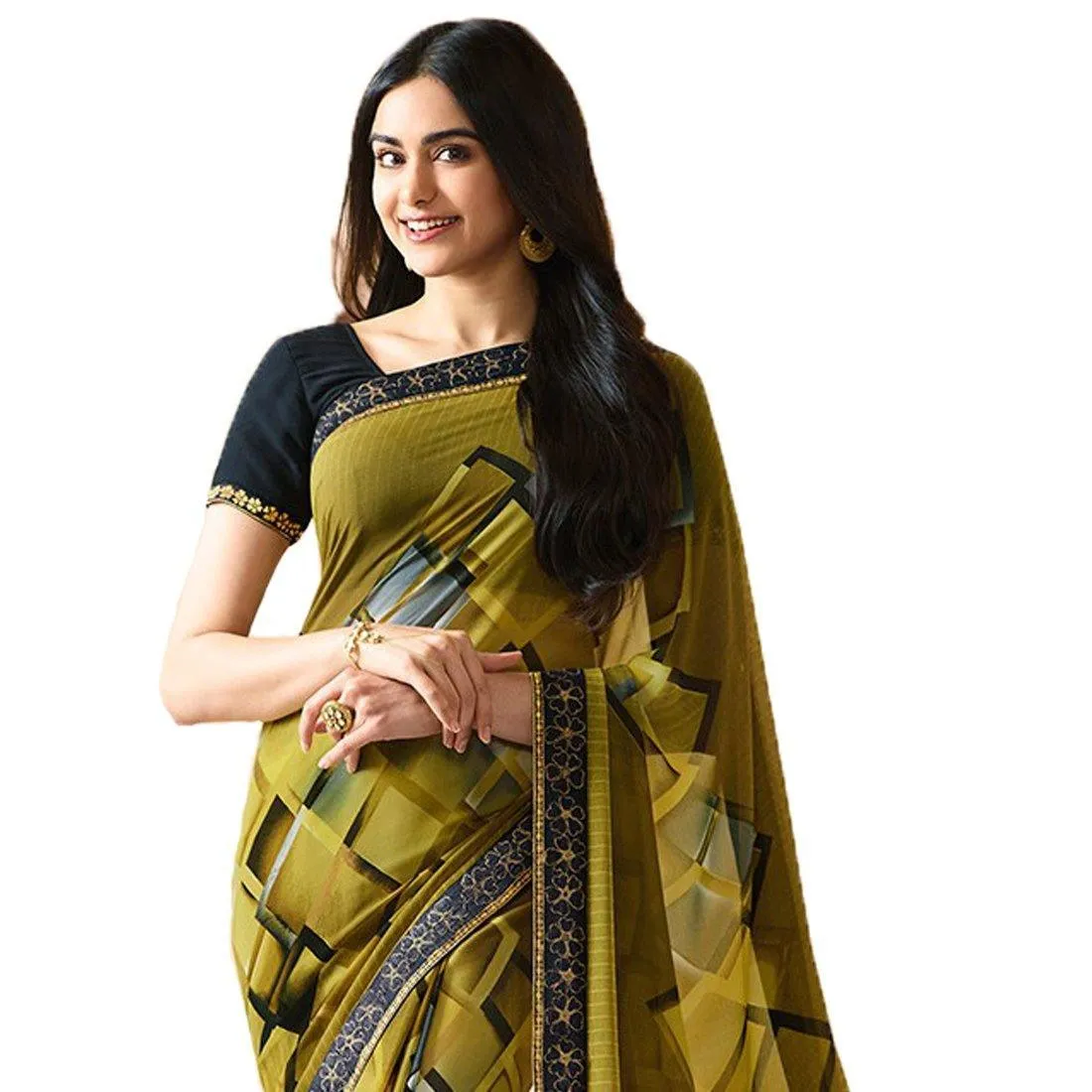 Mehendi Green Colored Casual Wear Printed Georgette Saree