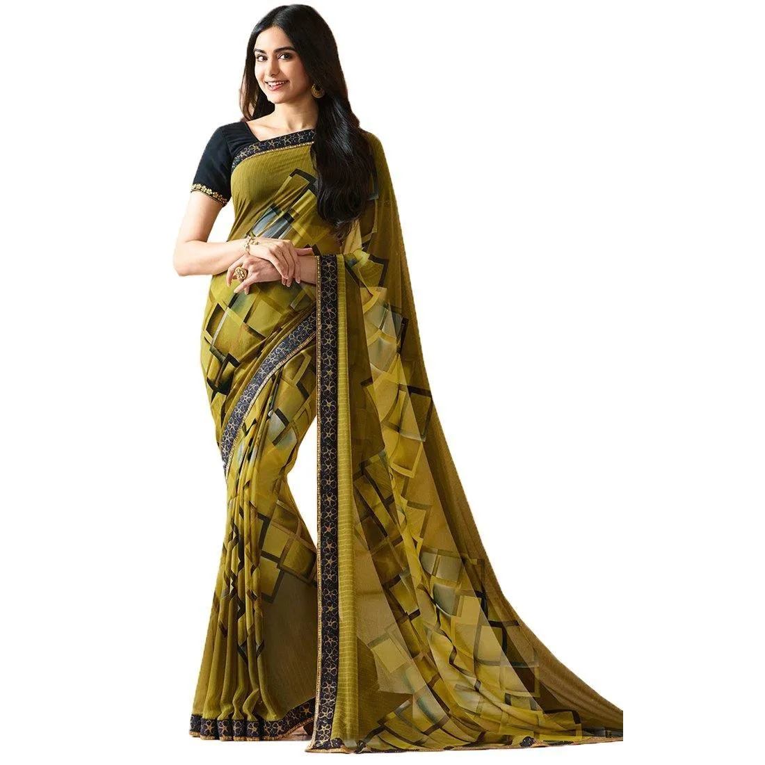 Mehendi Green Colored Casual Wear Printed Georgette Saree