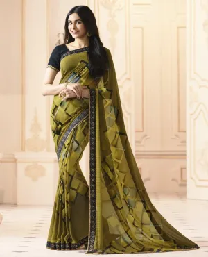 Mehendi Green Colored Casual Wear Printed Georgette Saree
