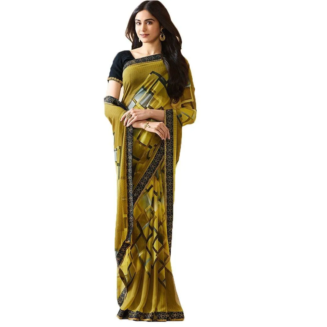 Mehendi Green Colored Casual Wear Printed Georgette Saree