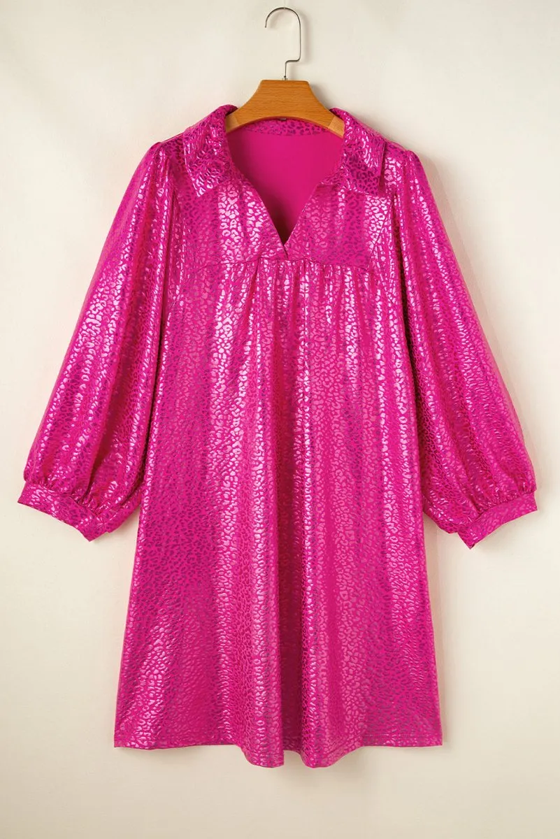 Metallic Hot Pink Leopard Collared Mini Dress