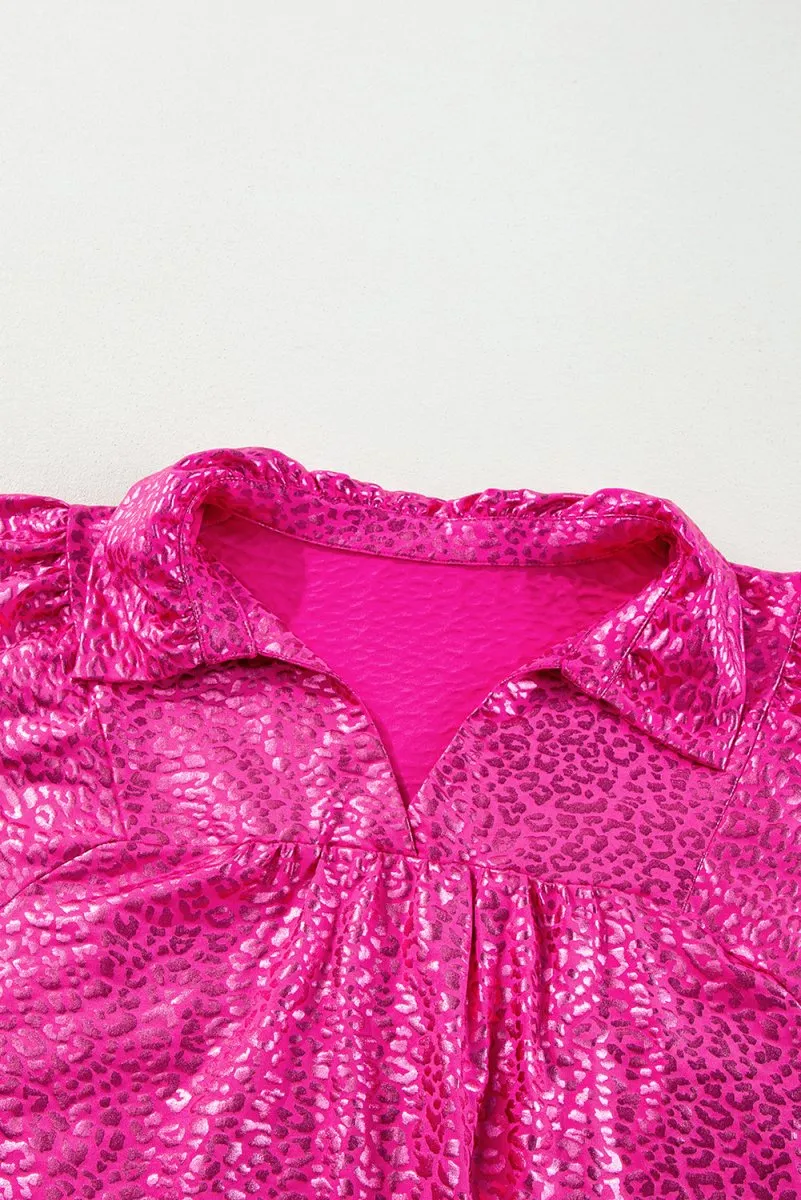 Metallic Hot Pink Leopard Collared Mini Dress