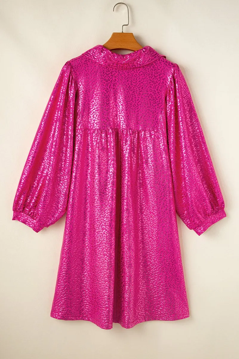 Metallic Hot Pink Leopard Collared Mini Dress