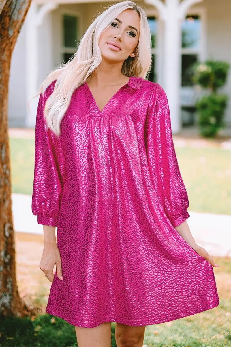 Metallic Hot Pink Leopard Collared Mini Dress