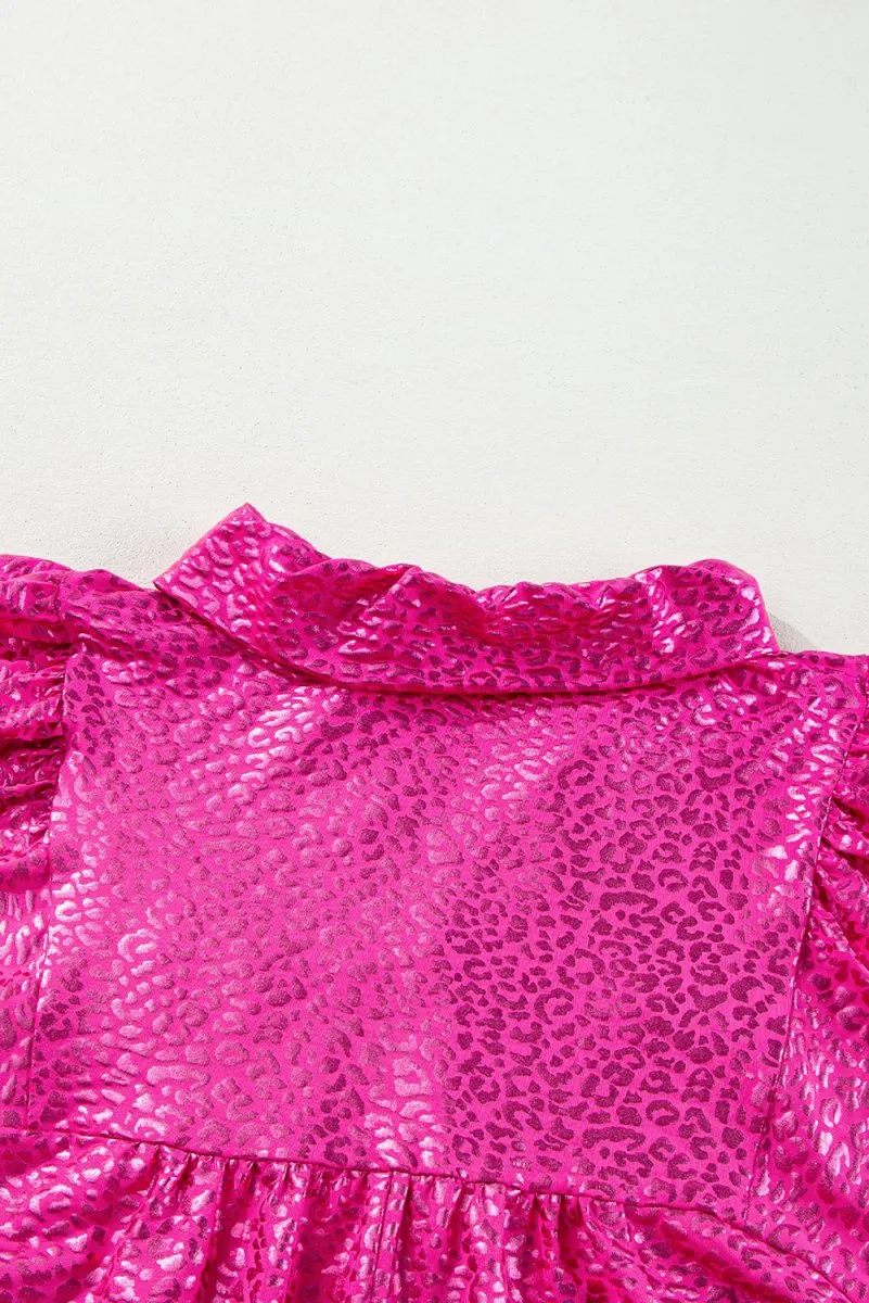 Metallic Hot Pink Leopard Collared Mini Dress