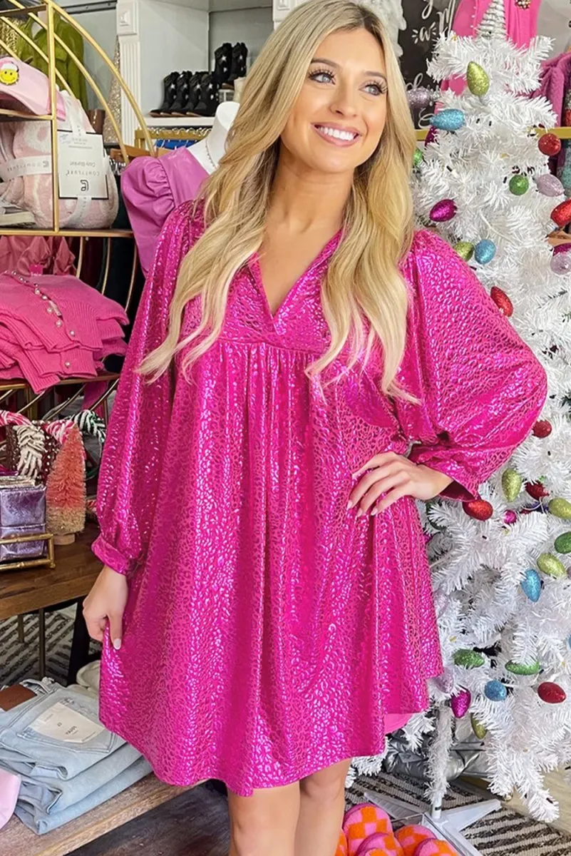 Metallic Hot Pink Leopard Collared Mini Dress