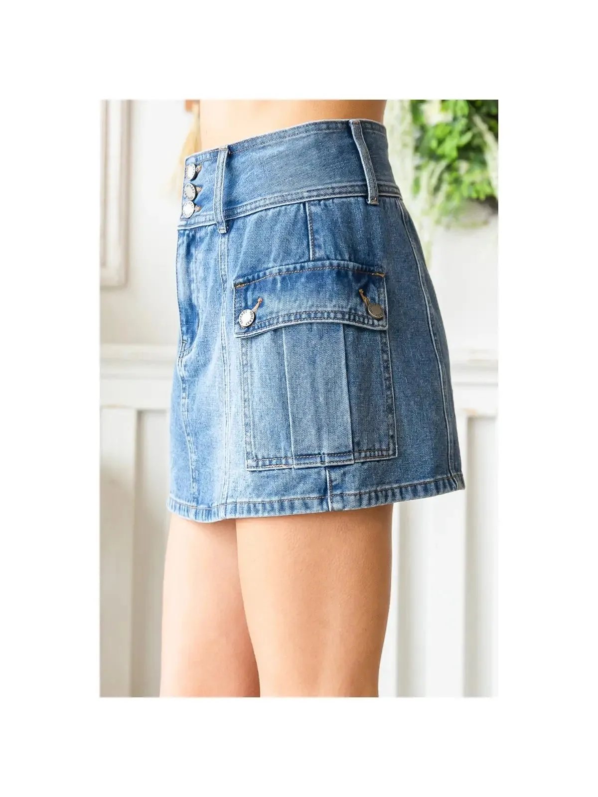 Mid Rise Cargo Denim Mini Skirt