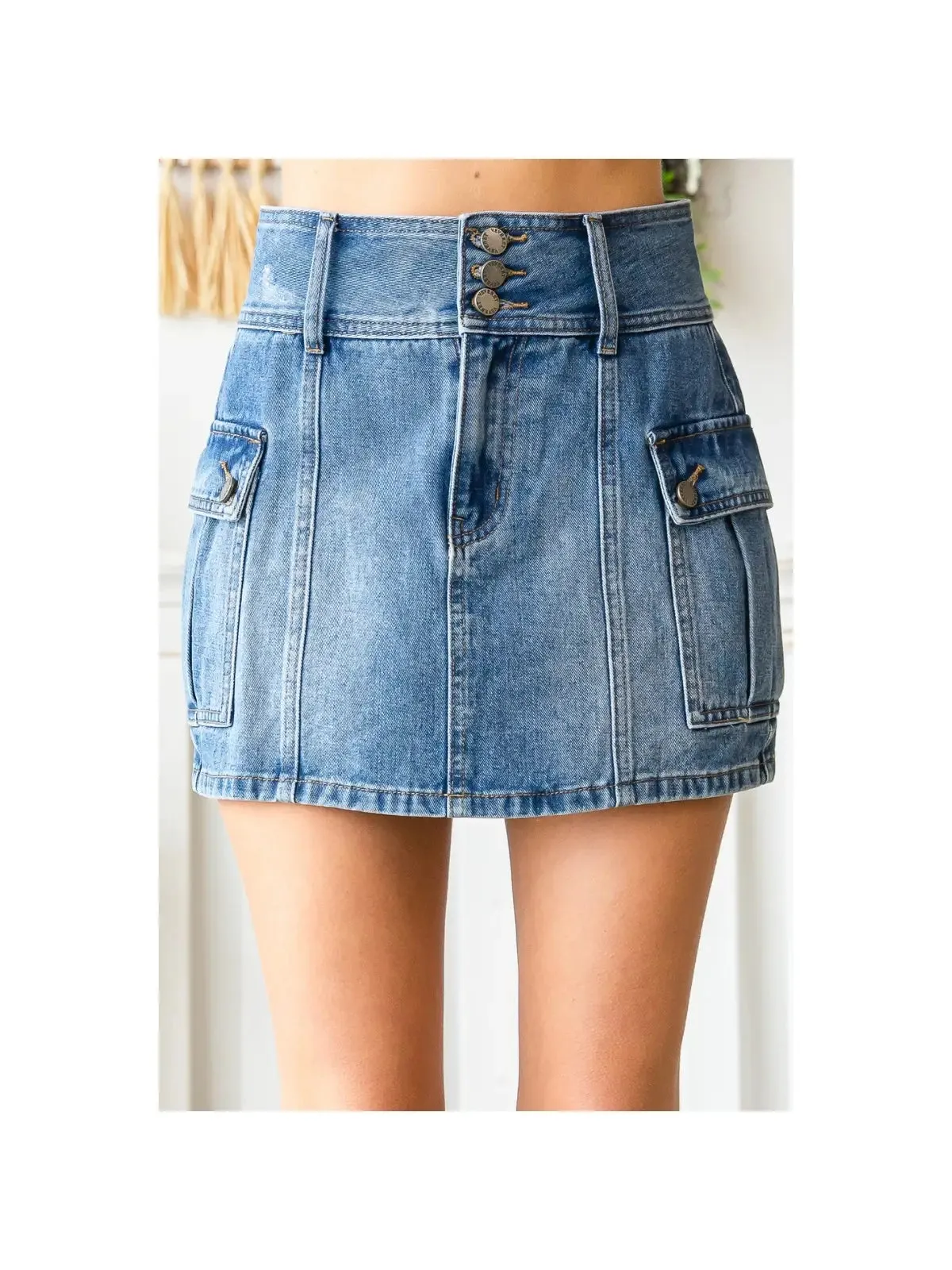 Mid Rise Cargo Denim Mini Skirt